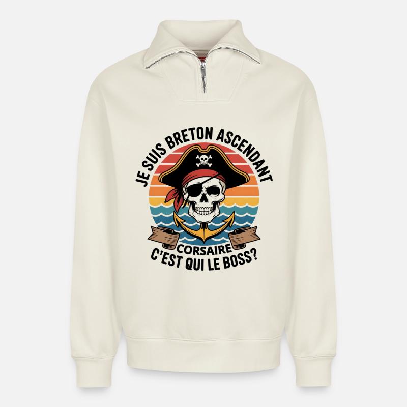 Piratenschädel mit bunter Anker - Relaxed Unisex Organic Half Zip Sweatshirt – von SPREAD - Naturweiß