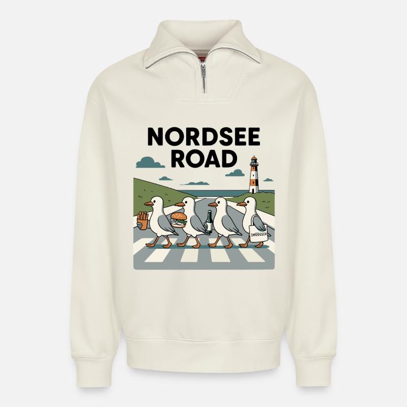 Nordseeroad Möwen - Relaxed Unisex Organic Half Zip Sweatshirt – von SPREAD - Naturweiß