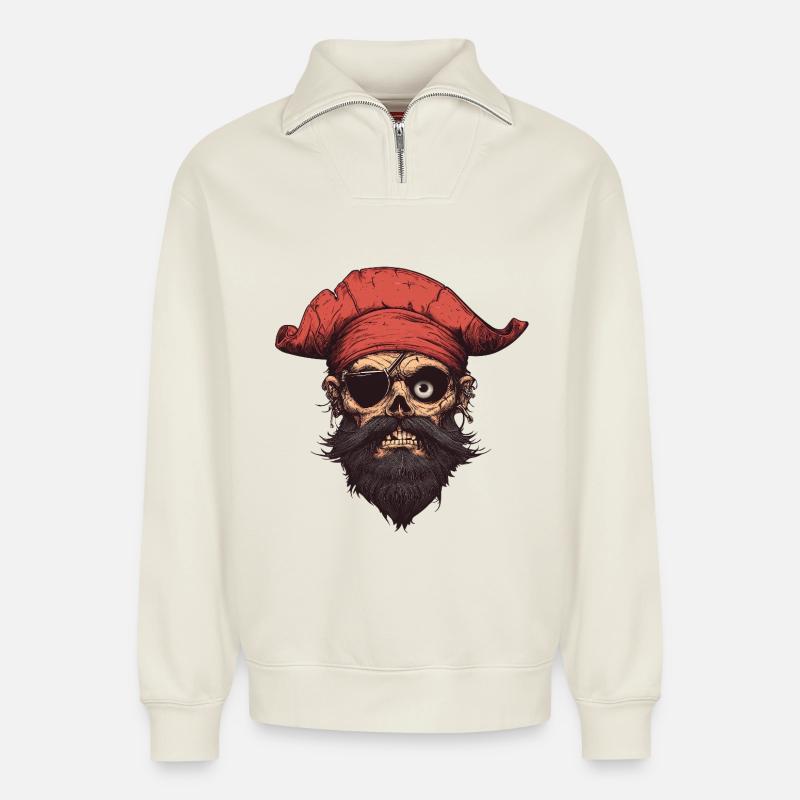 Piratenschädel mit rotem Halstuch - Relaxed Unisex Organic Half Zip Sweatshirt – von SPREAD - Naturweiß