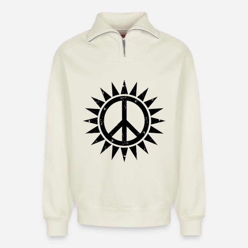Friedenssymbol in einer Sonne mit Grunge-Effekt - Relaxed Unisex Organic Half Zip Sweatshirt – von SPREAD - Naturweiß