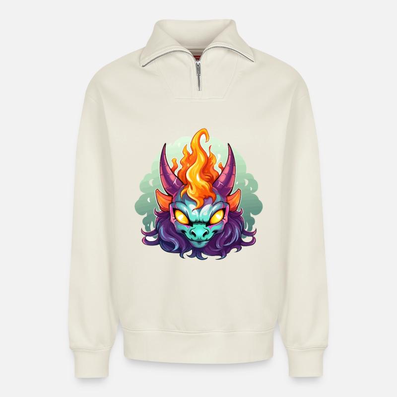 Flammenkopf Dämonengesicht - Relaxed Unisex Organic Half Zip Sweatshirt – von SPREAD - Naturweiß