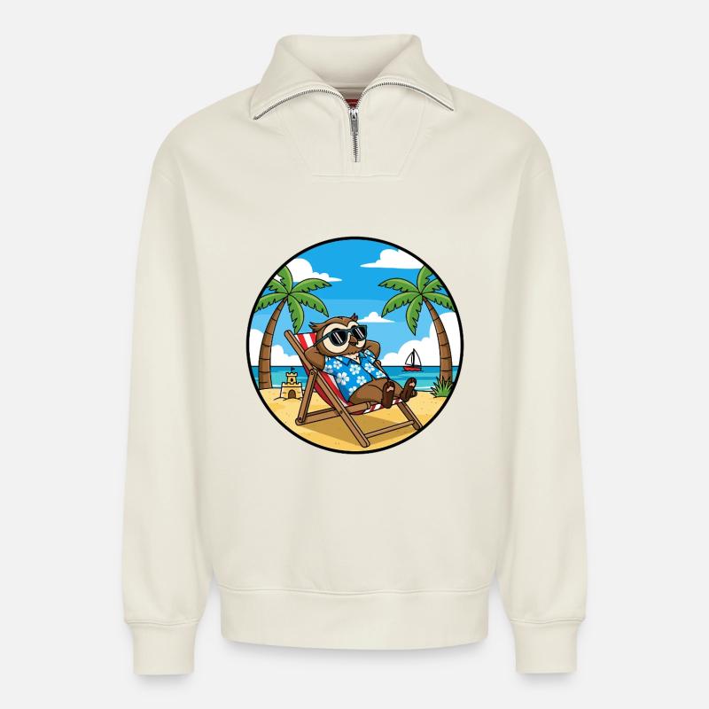 Coole Eulenstrandurlaub-Sommervibes - Relaxed Unisex Organic Half Zip Sweatshirt – von SPREAD - Naturweiß