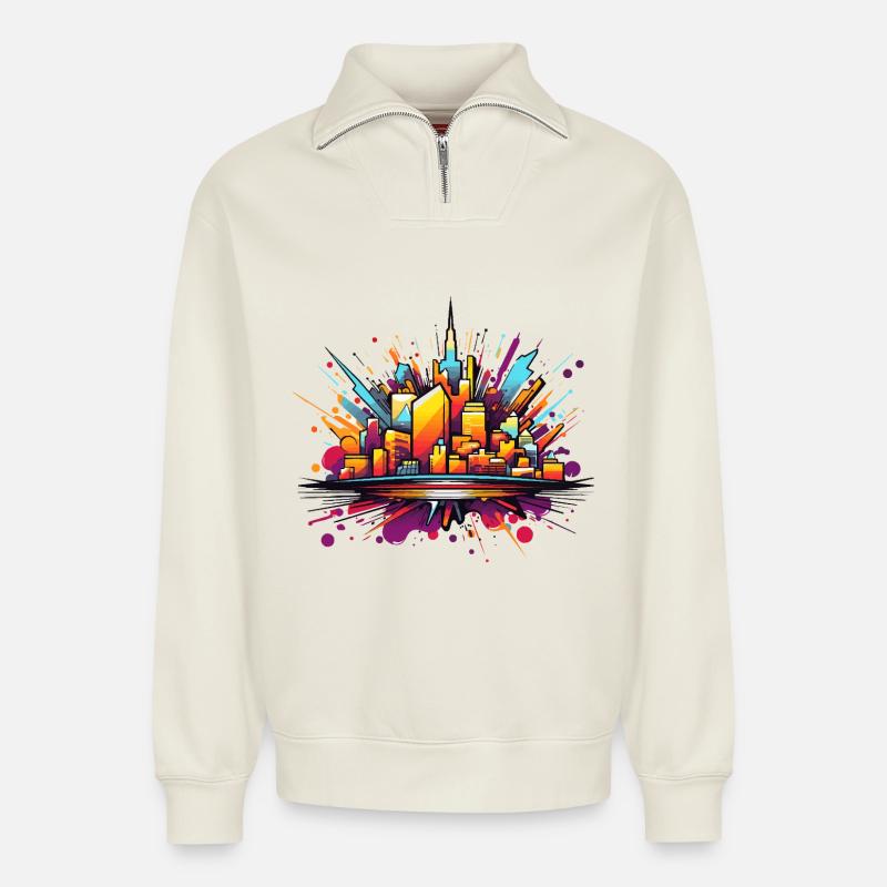 Bunte Stadtsilhouette Explosion - Relaxed Unisex Organic Half Zip Sweatshirt – von SPREAD - Naturweiß