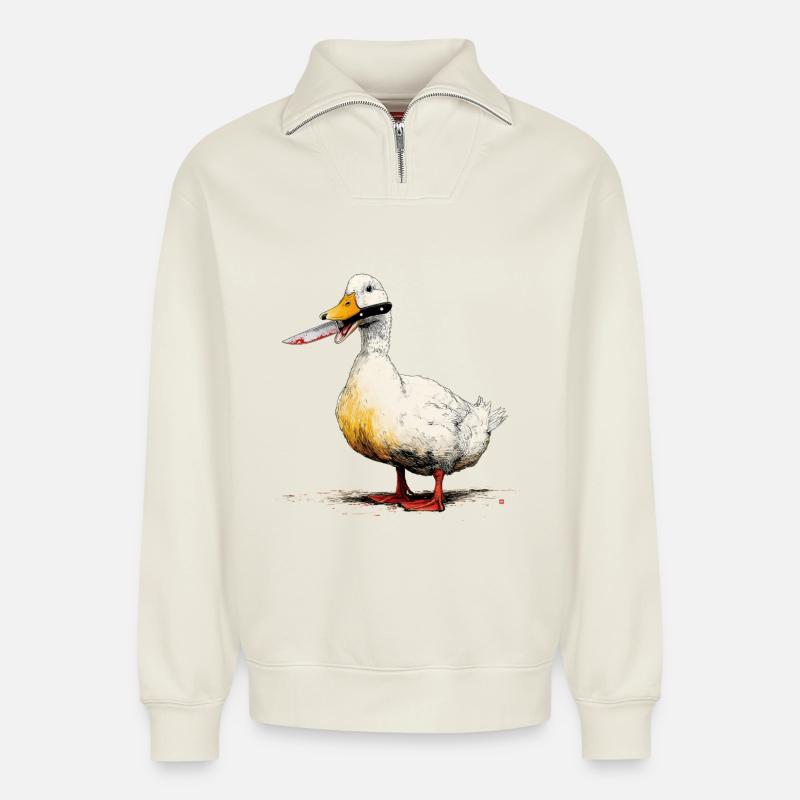 Ente mit Messer im Schnabel - Relaxed Unisex Organic Half Zip Sweatshirt – von SPREAD - Naturweiß