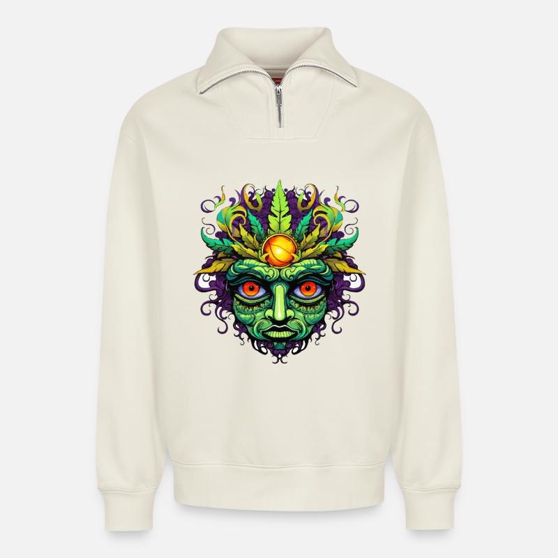 Psychedelisches Maskengesicht mit Sonnenkrone - Relaxed Unisex Organic Half Zip Sweatshirt – von SPREAD - Naturweiß