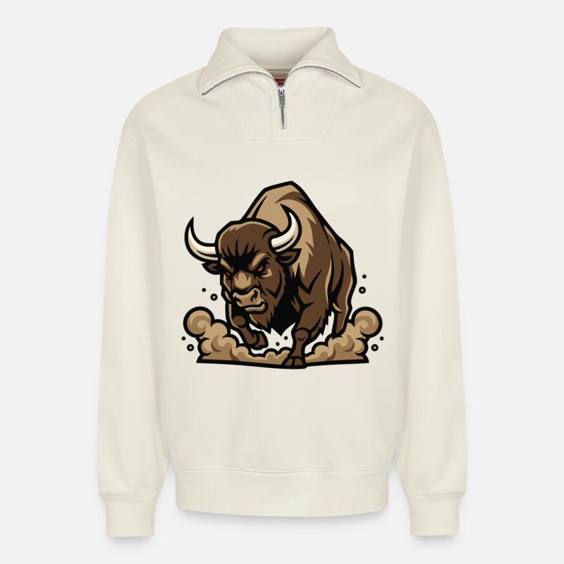 Wild Bison Charge Maskottchen Buffalo - Relaxed Unisex Organic Half Zip Sweatshirt – von SPREAD - Naturweiß