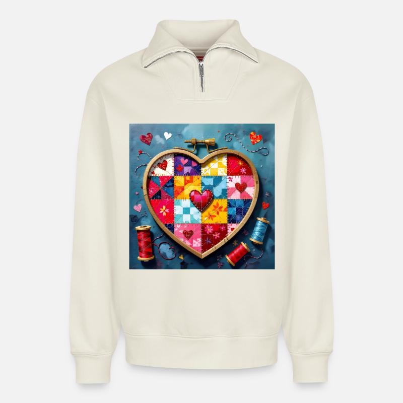 Patchwork Herz Quiltkunst - Relaxed Unisex Organic Half Zip Sweatshirt – von SPREAD - Naturweiß