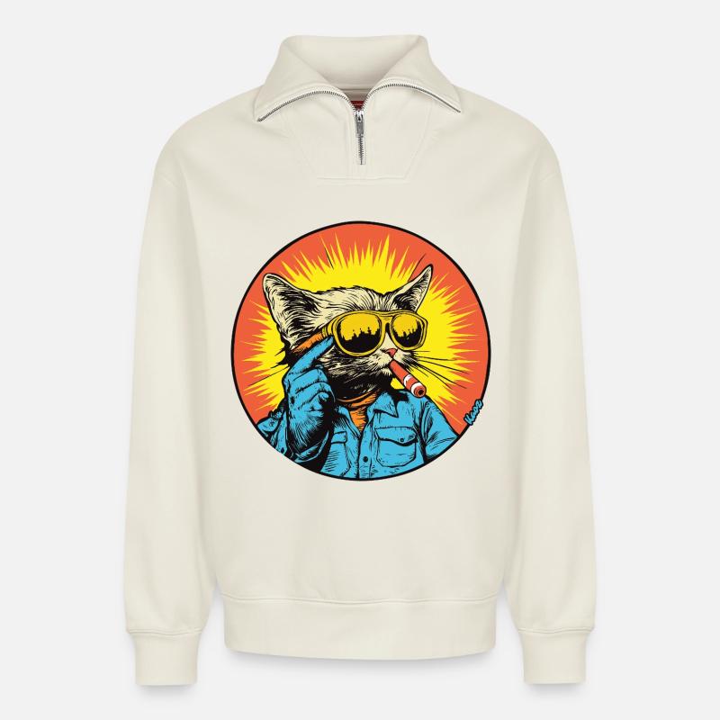 Sunny Cat Retro-Vibe - Relaxed Unisex Organic Half Zip Sweatshirt – von SPREAD - Naturweiß