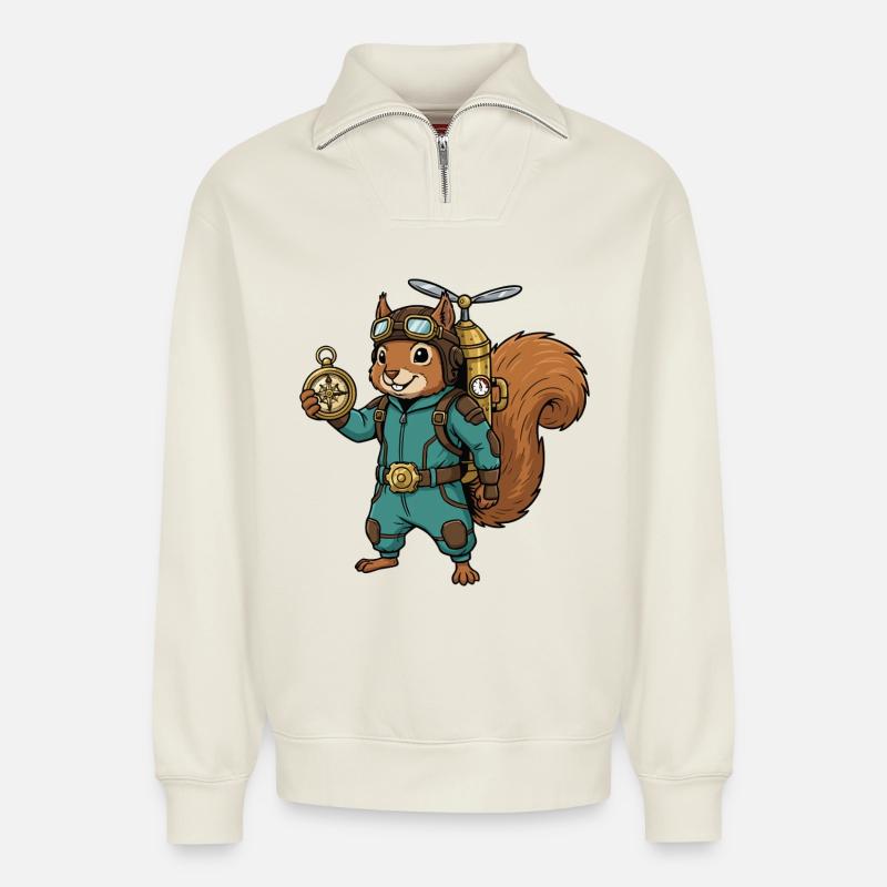 Squirrel Steampunk Aviator Jetpack-Kompass - Relaxed Unisex Organic Half Zip Sweatshirt – von SPREAD - Naturweiß