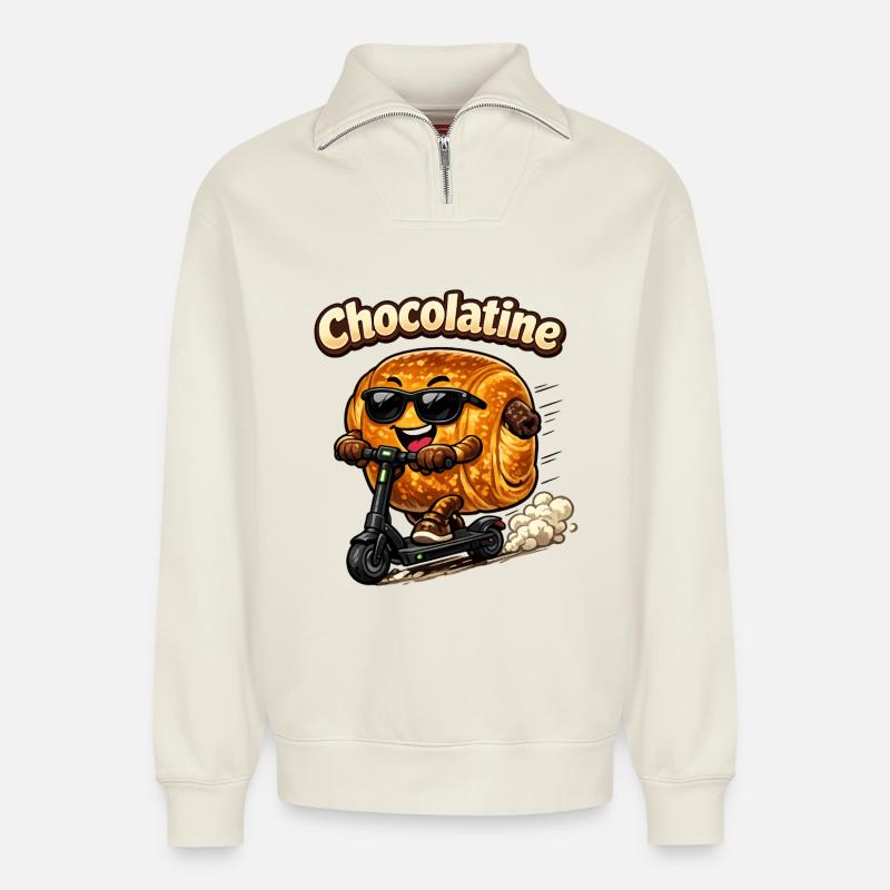Chocolatine-Roller - Relaxed Unisex Organic Half Zip Sweatshirt – von SPREAD - Naturweiß