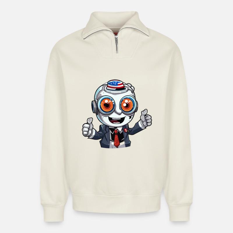 Robot-Maskottchen mit Flaggenhut - Relaxed Unisex Organic Half Zip Sweatshirt – von SPREAD - Naturweiß