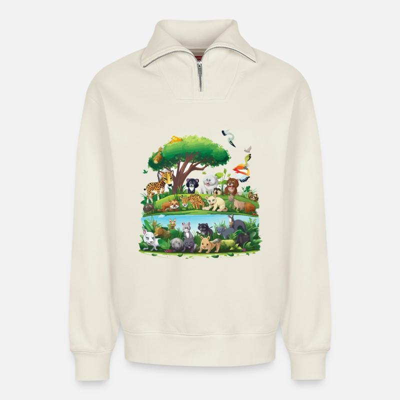 Waldtier-Paradies am Fluss - Relaxed Unisex Organic Half Zip Sweatshirt – von SPREAD - Naturweiß