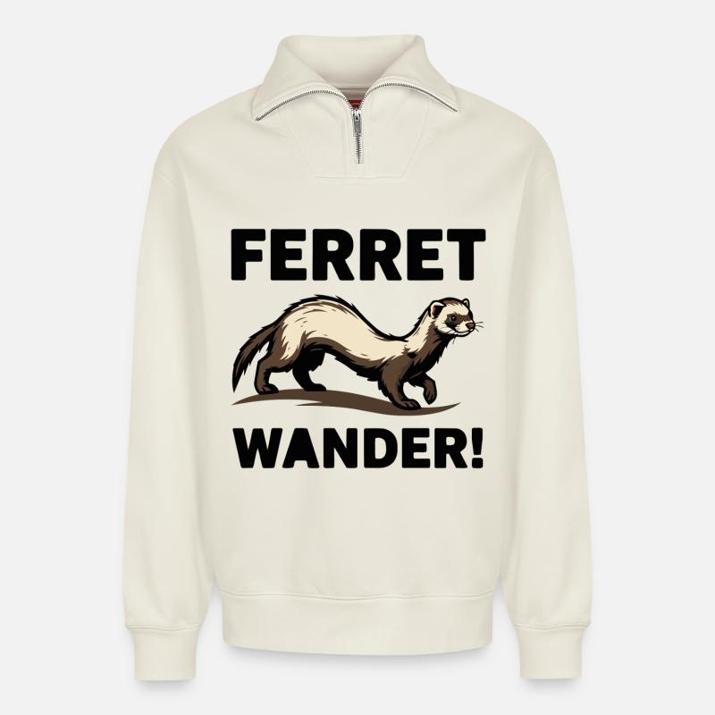 Frettchen-Wander-Frettchen-Erkundung beim Durchstöbern - Relaxed Unisex Organic Half Zip Sweatshirt – von SPREAD - Naturweiß