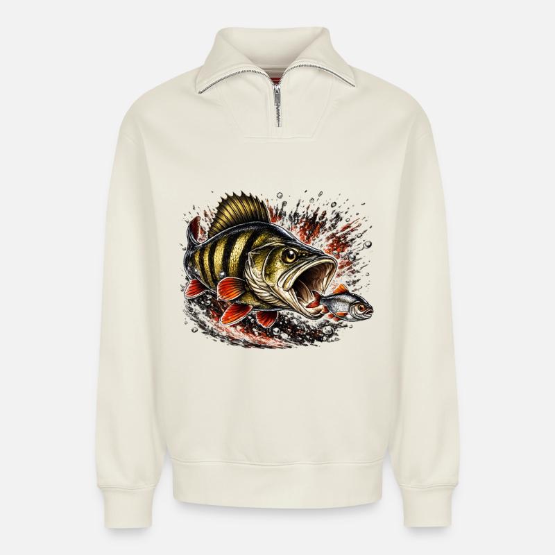 Explosives Barsch-Raubtierfisch-Design - Relaxed Unisex Organic Half Zip Sweatshirt – von SPREAD - Naturweiß