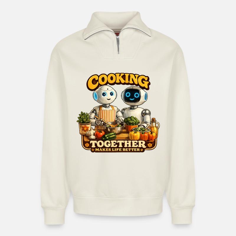 Roboter kochen gemeinsam - Relaxed Unisex Organic Half Zip Sweatshirt – von SPREAD - Naturweiß