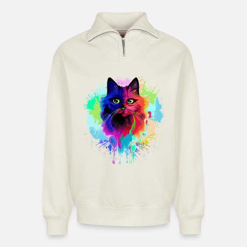 Éclaboussures psychédéliques psychédéliques de chat - Sweat unisexe décontracté en coton biologique à demi-zip – de SPREAD - blanc cassé