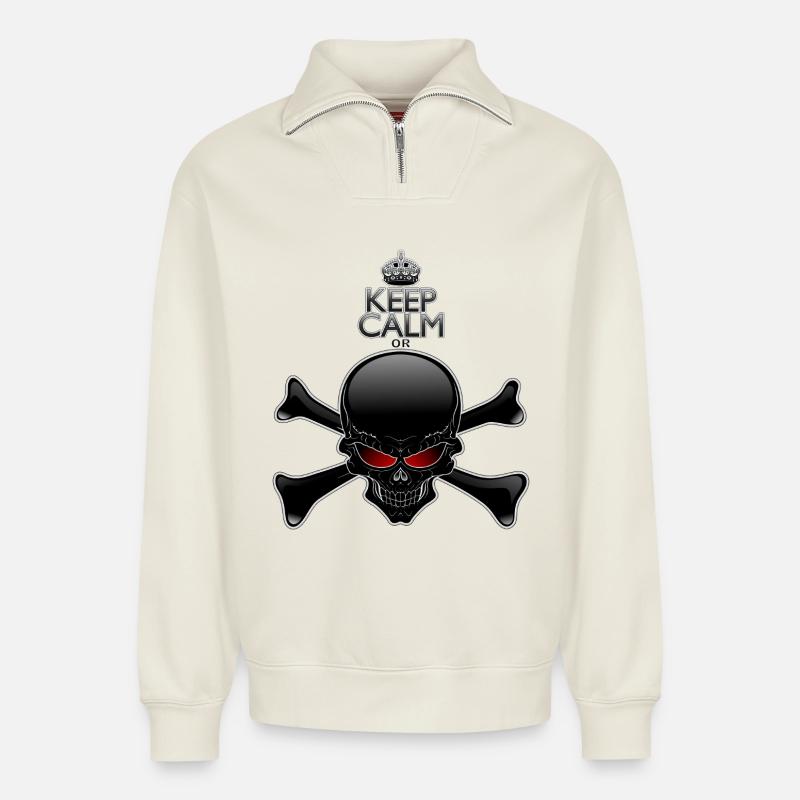 Bleib ruhig oder sterbe, Schwarzer Schädel - Relaxed Unisex Organic Half Zip Sweatshirt – von SPREAD - Naturweiß