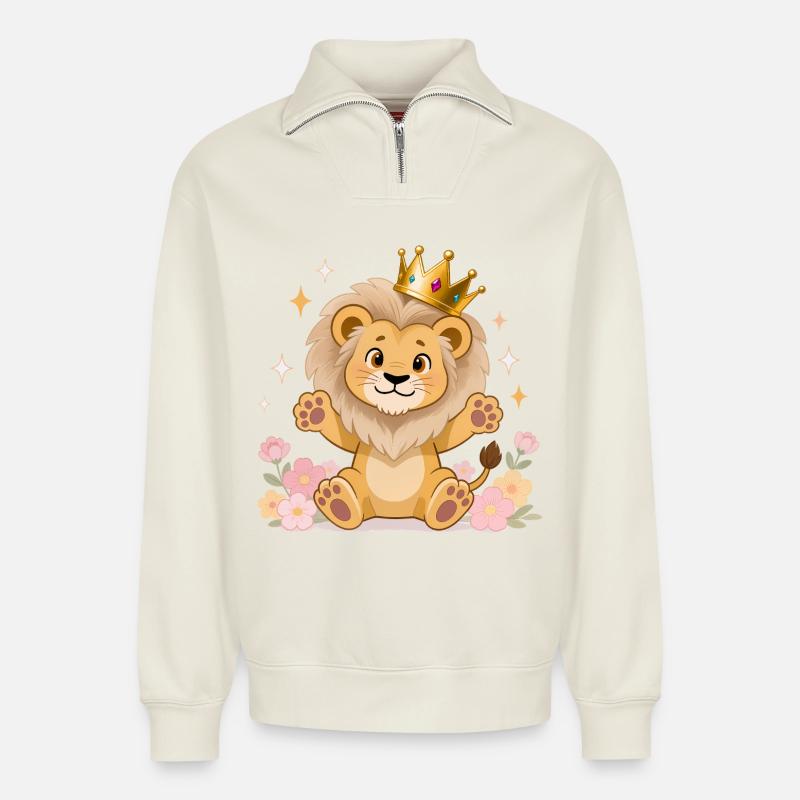 🦁 Löwe mit Krone und Blumen - Relaxed Unisex Organic Half Zip Sweatshirt – von SPREAD - Naturweiß
