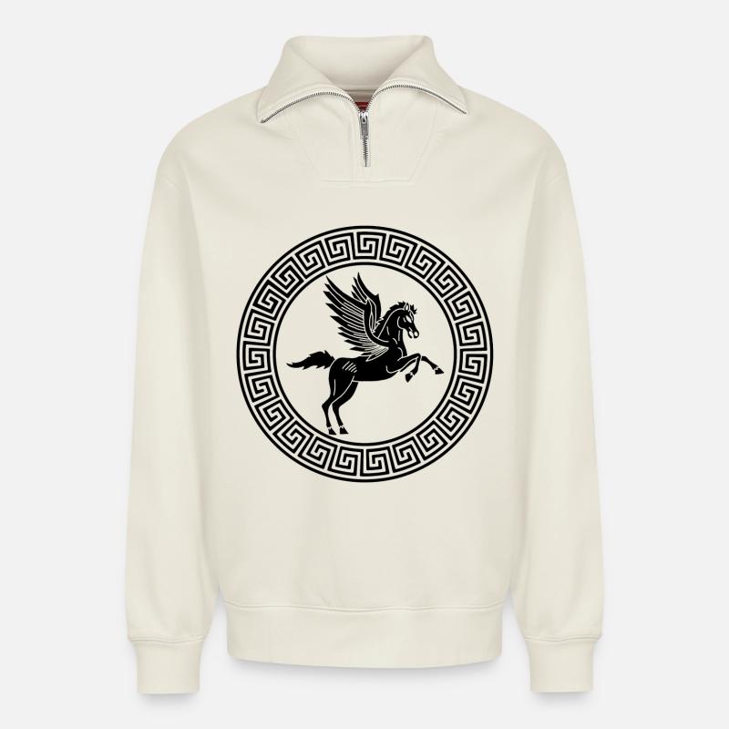 Symbol des Pferdes Schwarzes Pegasus - Relaxed Unisex Organic Half Zip Sweatshirt – von SPREAD - Naturweiß