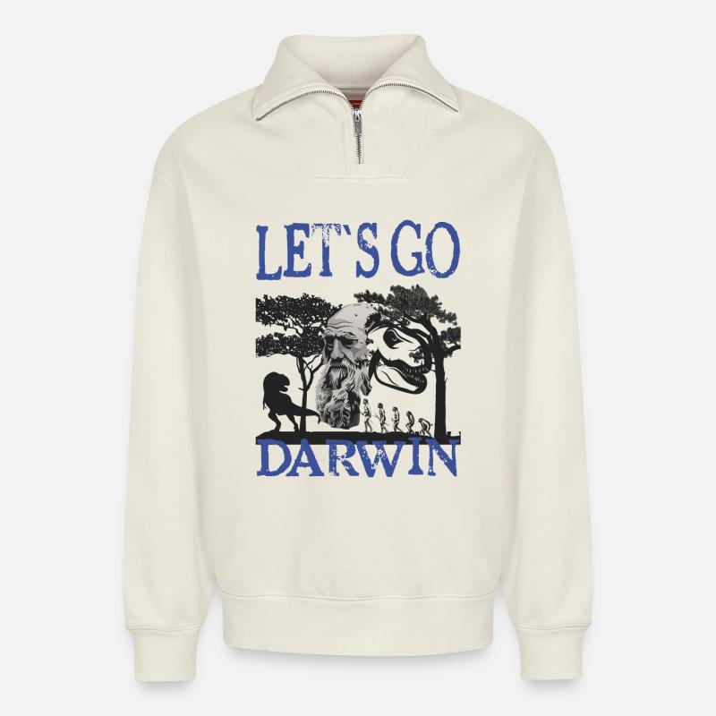 Charles Darwin Evolution textile gift idea - Relaxed Unisex Organic Half Zip Sweatshirt – by SPREAD - off white