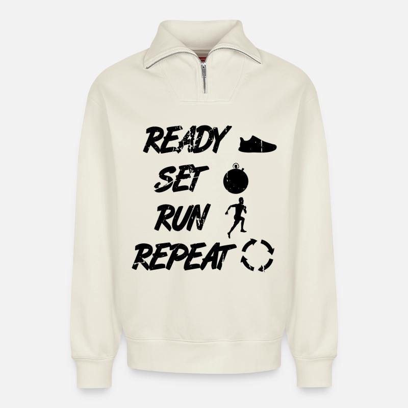 Routine de coureur drôle - Sweat unisexe décontracté en coton biologique à demi-zip – de SPREAD - blanc cassé