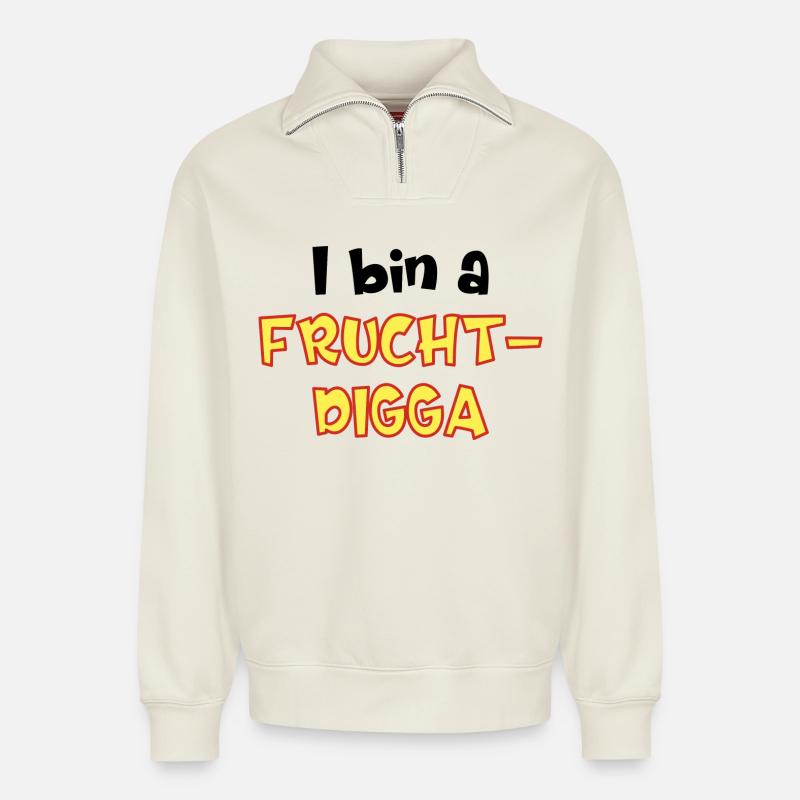 Fruchtdigga - Relaxed Unisex Organic Half Zip Sweatshirt – von SPREAD - Naturweiß