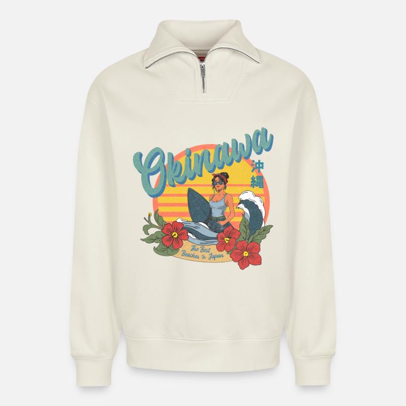 Okinawa Beaches (Halftone Version) - Relaxed Unisex Organic Half Zip Sweatshirt – von SPREAD - Naturweiß