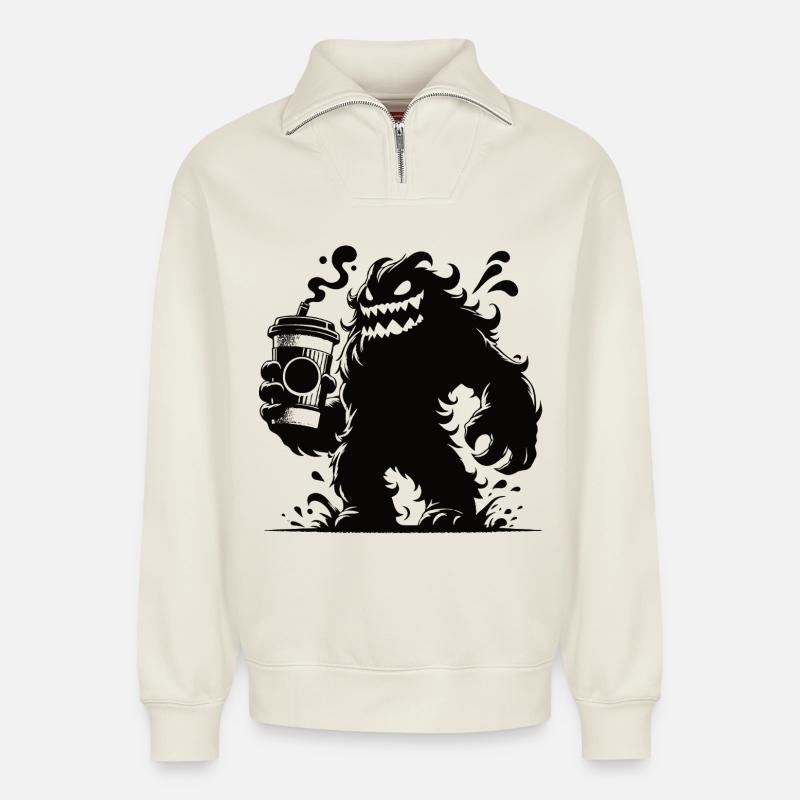 Lustiges Kaffeemonster Comic Design - Relaxed Unisex Organic Half Zip Sweatshirt – von SPREAD - Naturweiß