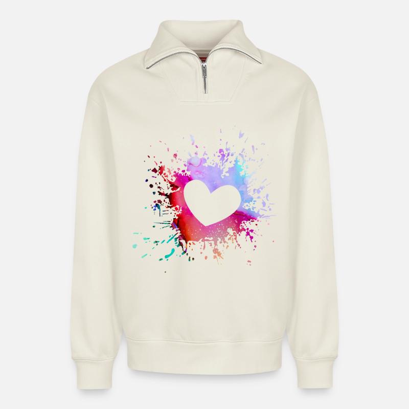 Buntes Herz Farbkleckse - Relaxed Unisex Organic Half Zip Sweatshirt – von SPREAD - Naturweiß