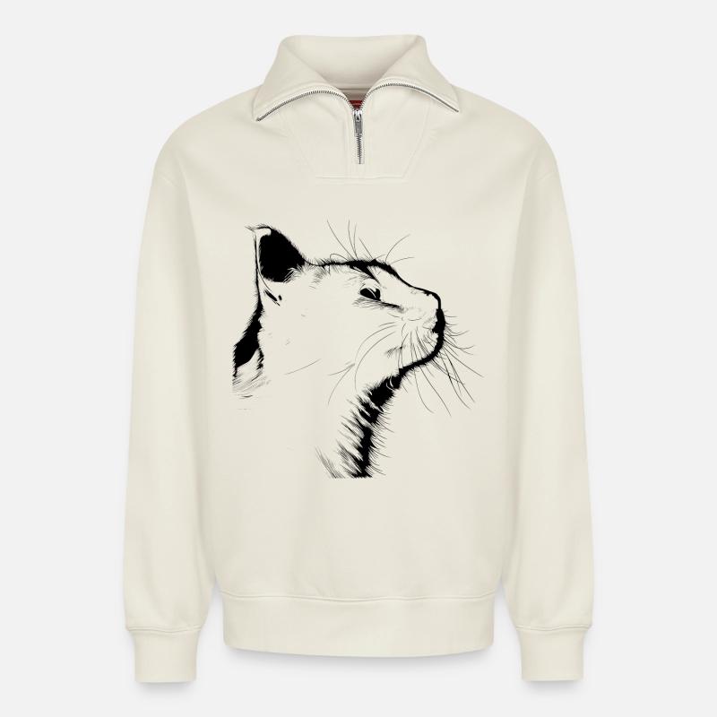 Silhouette de chat - Sweat unisexe décontracté en coton biologique à demi-zip – de SPREAD - blanc cassé
