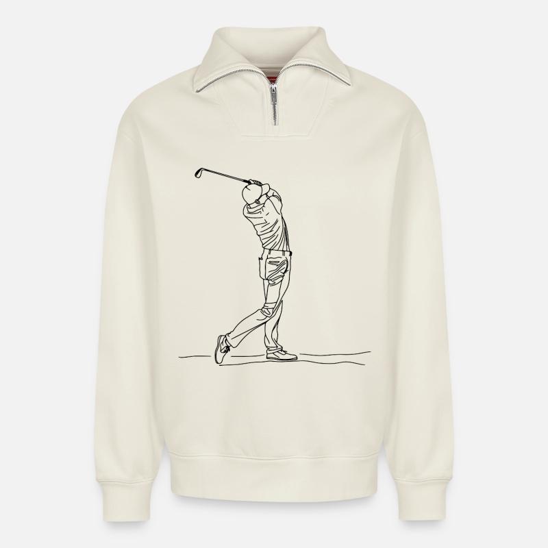 Golf Boy One Line Drawing - Relaxed Unisex Organic Half Zip Sweatshirt – von SPREAD - Naturweiß