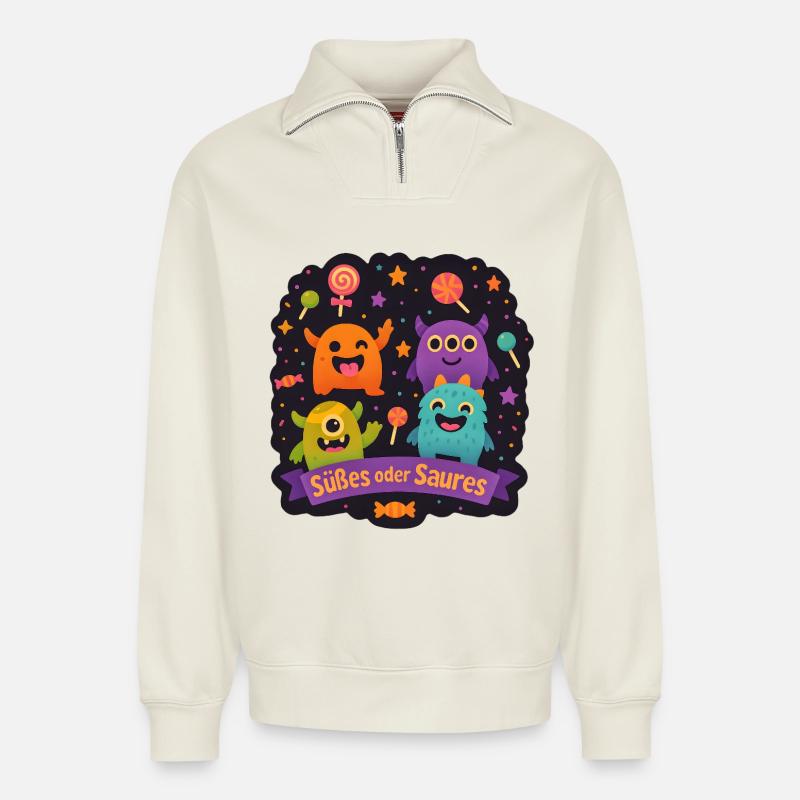 Süßes oder Saures - Monsterparty - Relaxed Unisex Organic Half Zip Sweatshirt – von SPREAD - Naturweiß