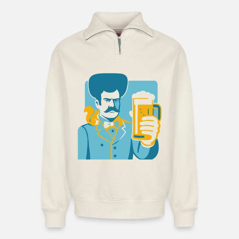 Retro Held mit Bierglas Motiv - Relaxed Unisex Organic Half Zip Sweatshirt – von SPREAD - Naturweiß