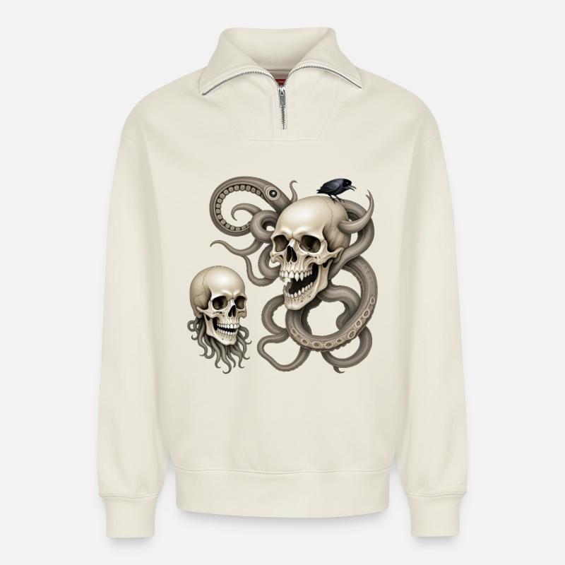 SKULL #1 – dunkle Hölle - Relaxed Unisex Organic Half Zip Sweatshirt – von SPREAD - Naturweiß