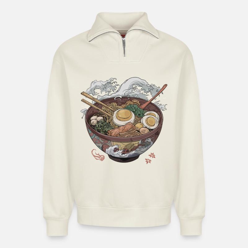 Große Schüssel Ramen - Relaxed Unisex Organic Half Zip Sweatshirt – von SPREAD - Naturweiß