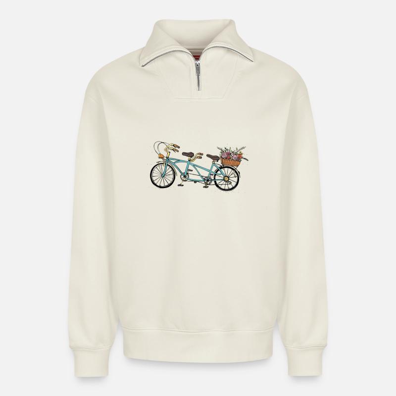 Tandem de fleurs - Sweat unisexe décontracté en coton biologique à demi-zip – de SPREAD - blanc cassé
