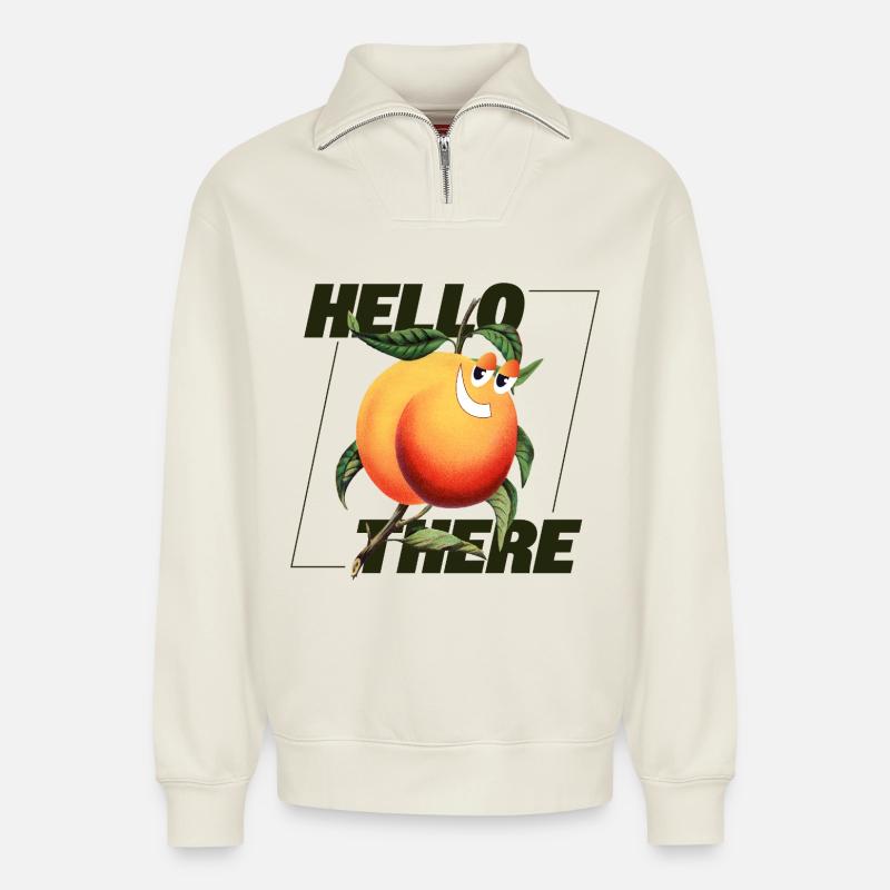 Peach Retro – Déclaration Hello There - Sweat unisexe décontracté en coton biologique à demi-zip – de SPREAD - blanc cassé