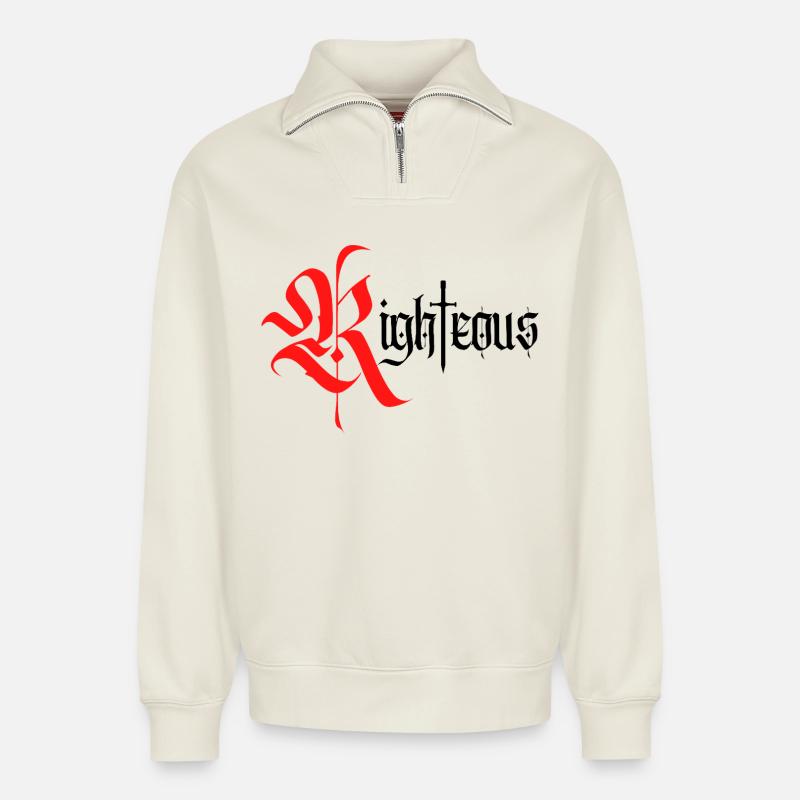 Conception gothique vertueuse avec épée - Sweat unisexe décontracté en coton biologique à demi-zip – de SPREAD - blanc cassé