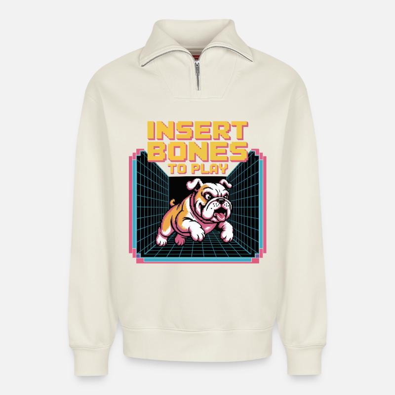 Retro Bulldog Gamer Insert Bones - Relaxed Unisex Organic Half Zip Sweatshirt – von SPREAD - Naturweiß