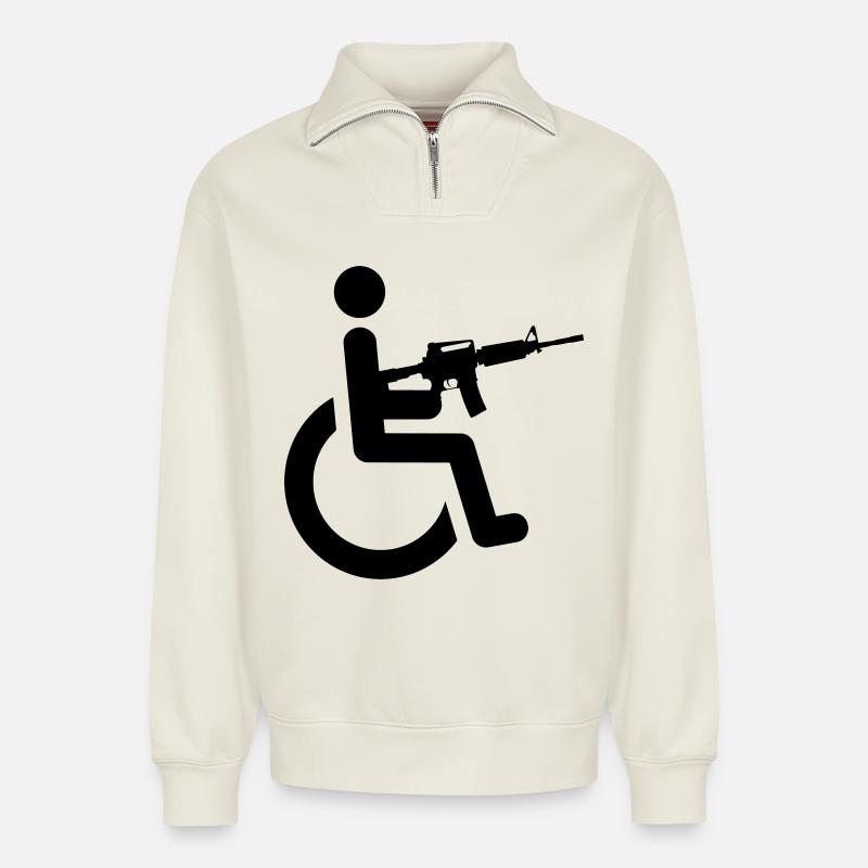 Rollstuhlfahrer mit Waffe # - Relaxed Unisex Organic Half Zip Sweatshirt – von SPREAD - Naturweiß