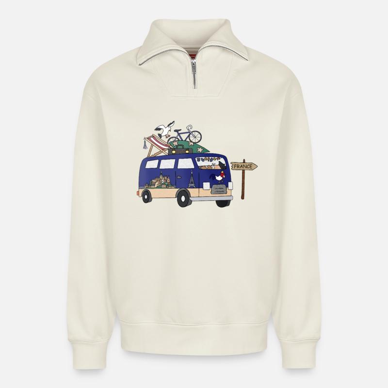 Tour de Camping Camper Frankreich - Relaxed Unisex Organic Half Zip Sweatshirt – von SPREAD - Naturweiß