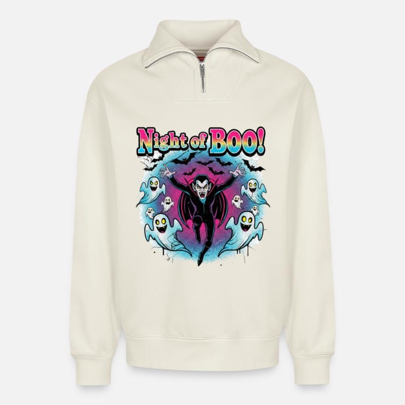 Boo Vampire Night - Relaxed Unisex Organic Half Zip Sweatshirt – von SPREAD - Naturweiß
