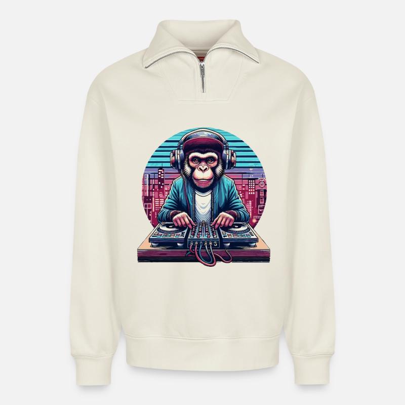 DJ Monkey Monk - Relaxed Unisex Organic Half Zip Sweatshirt – by SPREAD - off white