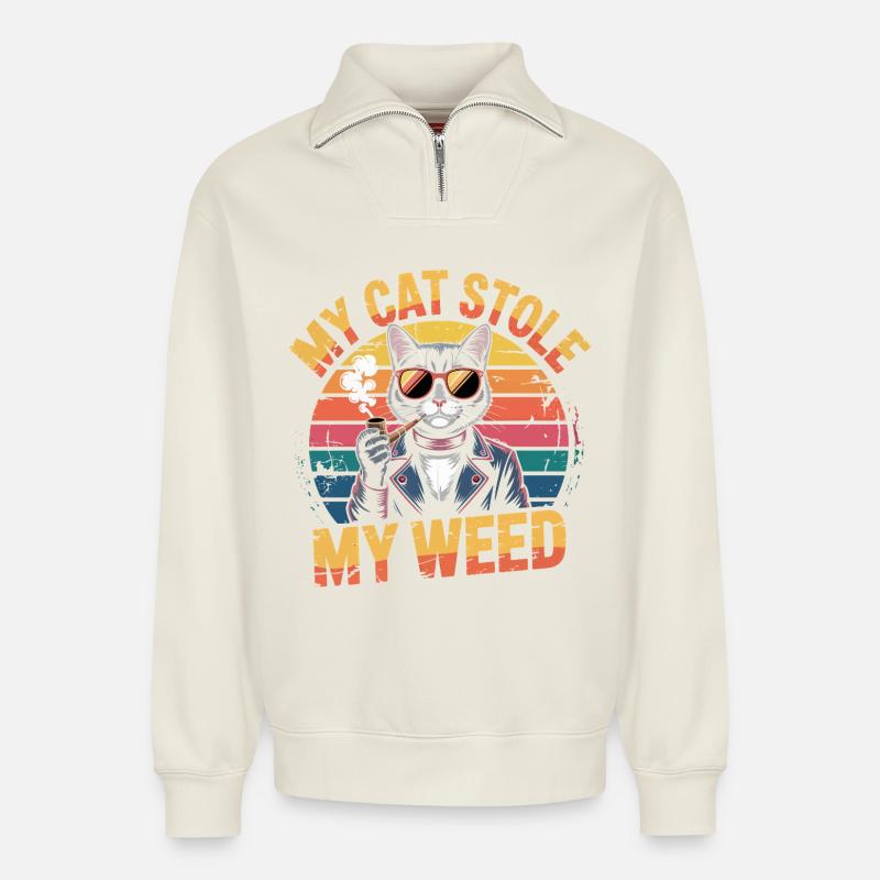 Retro Katze Kiffer Illustration - Relaxed Unisex Organic Half Zip Sweatshirt – von SPREAD - Naturweiß