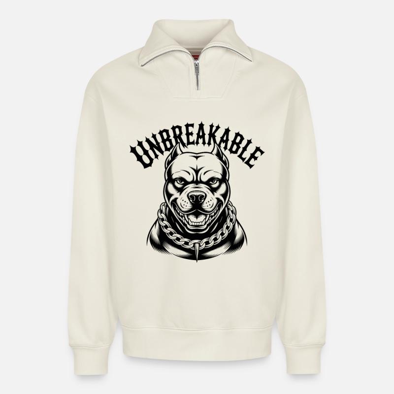 Unzerbrechliche Pitbull-Kraft - Relaxed Unisex Organic Half Zip Sweatshirt – von SPREAD - Naturweiß