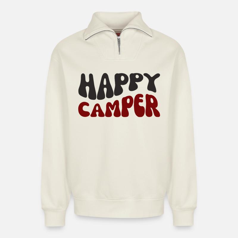 Fröhlicher Camper Druck - Relaxed Unisex Organic Half Zip Sweatshirt – von SPREAD - Naturweiß
