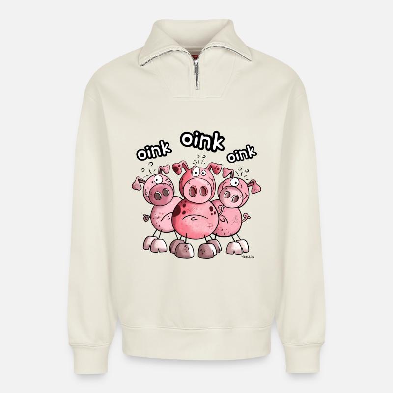 Das Schweine Team - Relaxed Unisex Organic Half Zip Sweatshirt – von SPREAD - Naturweiß