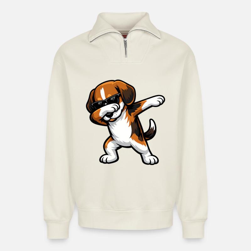 Dabbing Beagle - Relaxed Unisex Organic Half Zip Sweatshirt – von SPREAD - Naturweiß