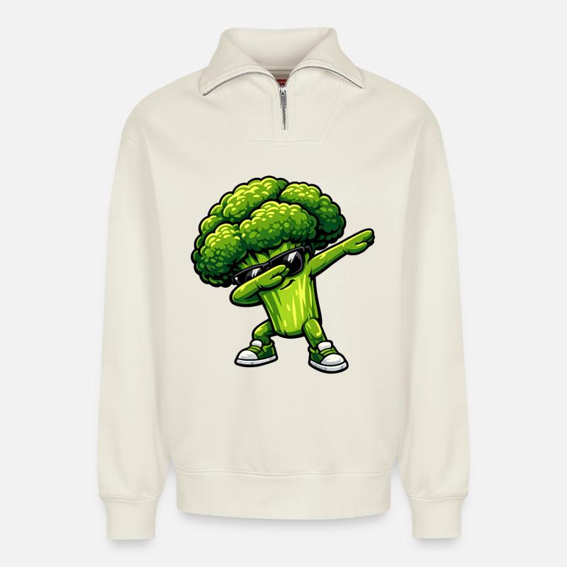 Dabbing Broccoli - Relaxed Unisex Organic Half Zip Sweatshirt – by SPREAD - off white