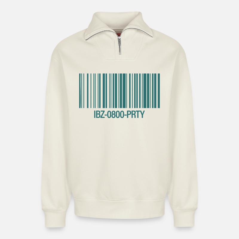 IBZ-0800-PRTY – Barcode Party Ticket - Relaxed Unisex Organic Half Zip Sweatshirt – von SPREAD - Naturweiß